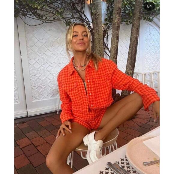 Zara Orange Houndstooth Matching Set Crop Jacket Shorts Small Tweed Co-ord - Picture 2 of 13